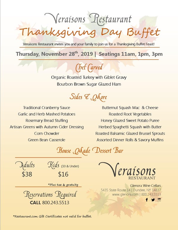 Veraisons Restaurant at Glenora Wine Cellars Thanksgiving Day Buffet Menu