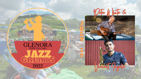 Jazz Greats at Glenora 2022. The Vineyard Stage Returns. Transparent image of a crowd at a concert, with overlaid image of saxophone player in yellow and red.