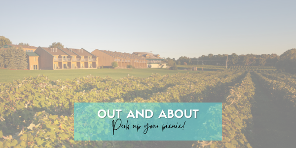 out and about perk up your picnic text overlaid on an image of a green vineyard with a brown inn in the background