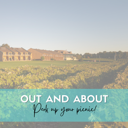 out and about perk up your picnic text overlaid on an image of a large vineyard with a brown inn in the background