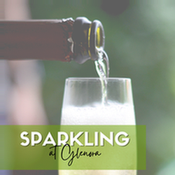 Sparkling at Glenora Stayover Package, text overlaid on image of pouring sparkling wine