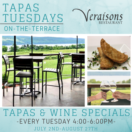Tapas Tuesdays on the Terrace at Veraisons Restaurant. Enjoy specials on wine and small plates each week!