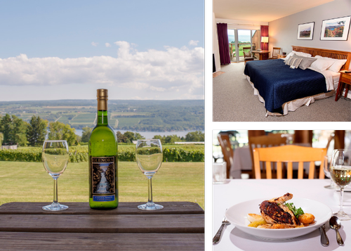 On left, two wine glasses and a bottle of wine, with the vineyards in the background. Top right, one of our Vintners Select guestrooms. Bottom right, a plated dinner in the Veraisons dining room.